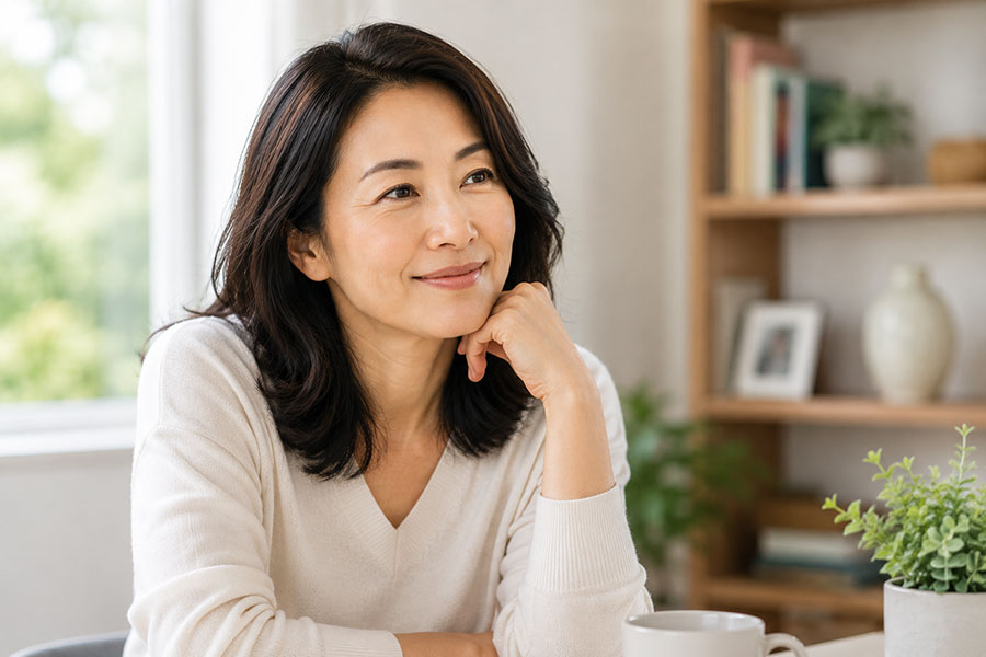 A smiling middle-aged Asian woman looking thoughtfully away, representing hope and wellness after an early stage breast cancer diagnosis.